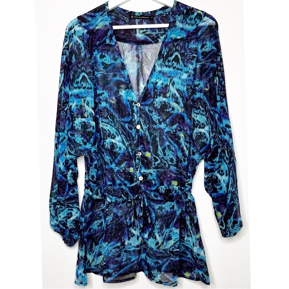 Vix Paula Hermanny Vibrant Abstract‎ Print Swim Cover-Up Wrap Kimono Mini Dress